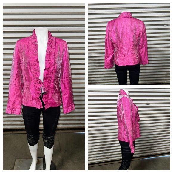 Rafael shiny bright pink ruffle cardigan evening date career with tie front - Picture 1 of 8